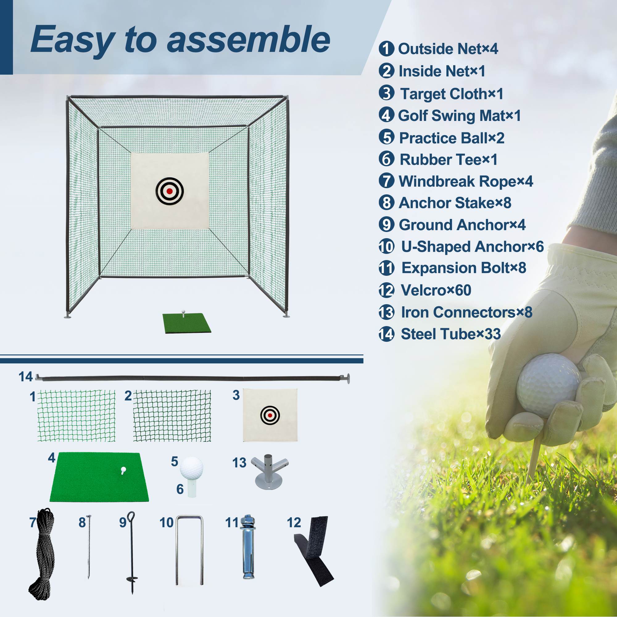 10X10X10FT Golf Practice Net Cage With Metal Frame Hitting Net Kit
